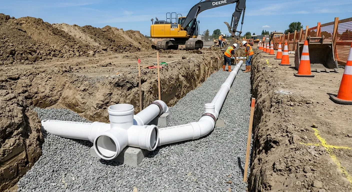 New PVC sewer pipe installation in open trench for Grease Trap Cleaning in South Lebanon