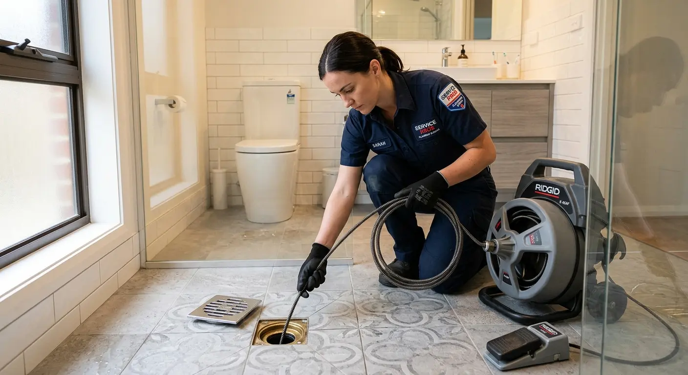 Technician clearing a bathroom floor drain for Sewer Line Installation in South Lebanon